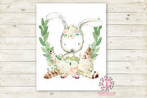 Bunny Rabbit Woodland Boho Wall Art Print Blush Feather Baby Girl Nursery Bohemian Floral Girl Room Printable Decor