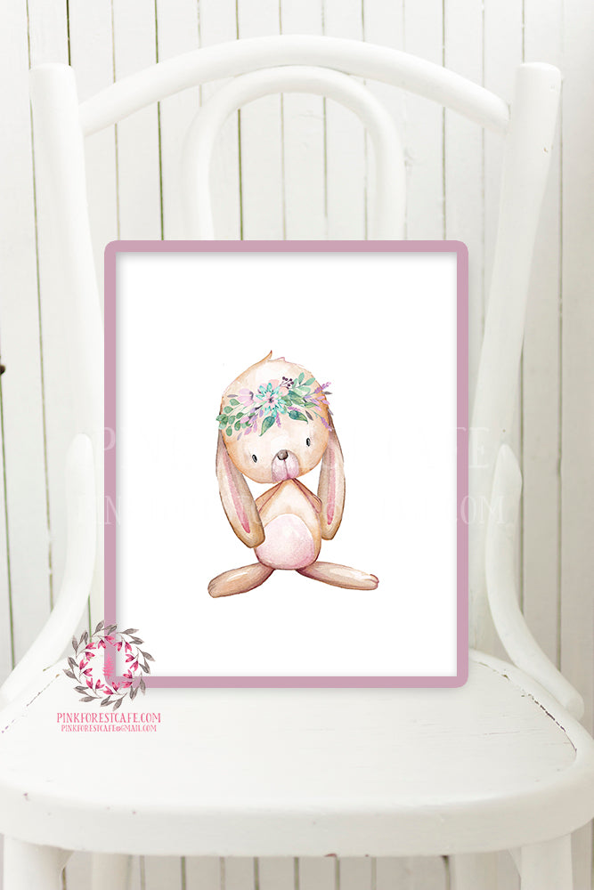 Boho Bunny Rabbit Woodland Nursery Wall Art Print Purple Aqua Mint Flo ...