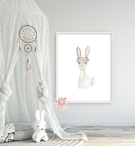 Ethereal Bunny Rabbit Boho Woodland Wall Art Print Watercolor Baby Girl Feather Neutral Nursery Printable Decor
