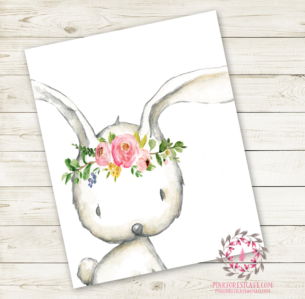 Boho Bunny Rabbit Wall Art Print Floral Nursery Baby Girl Room Watercolor Woodland Bohemian Printable Decor