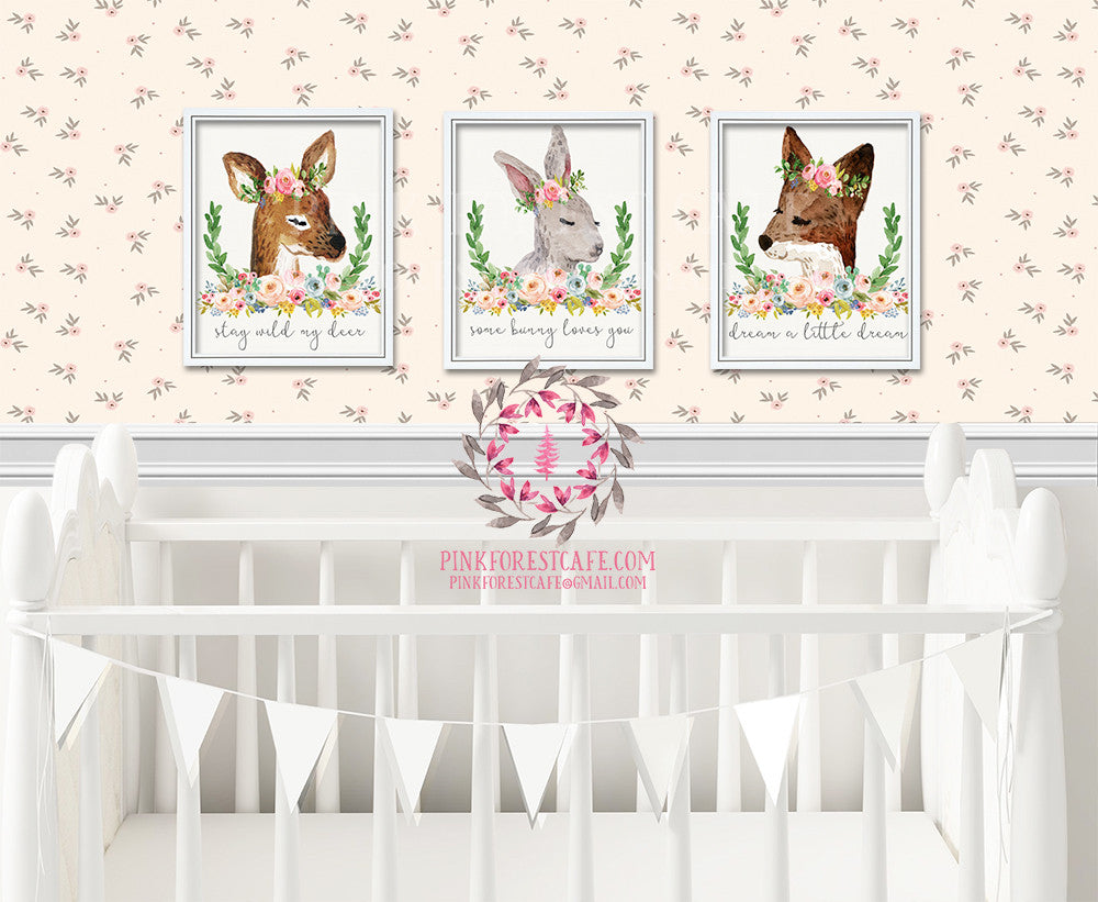 Set 3 Boho Deer Fox Bunny Rabbit Woodland Bohemian Floral Nursery Baby Girl Room Printable Print Wall Decor