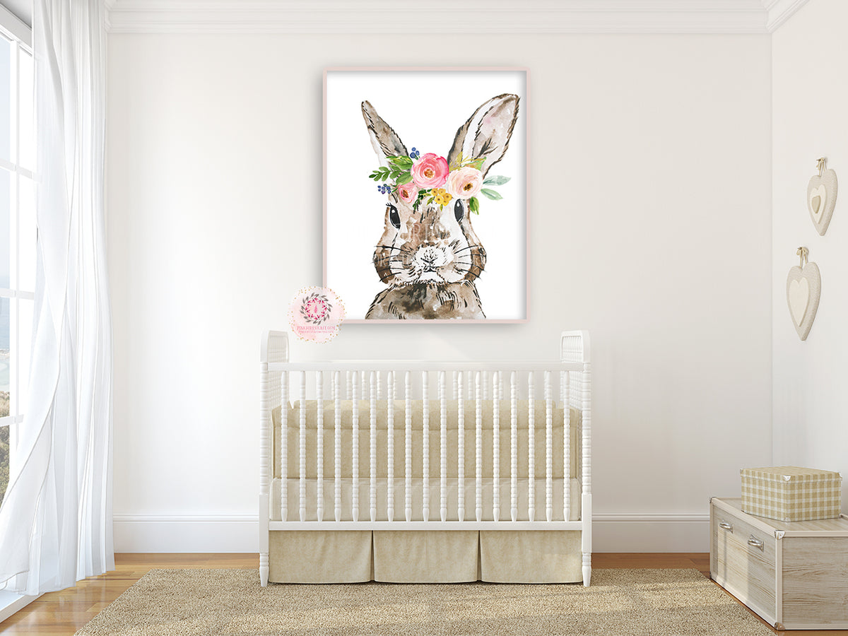 Boho Bunny Rabbit Wall Art Print Woodland Baby Girl Nursery Floral Bed ...
