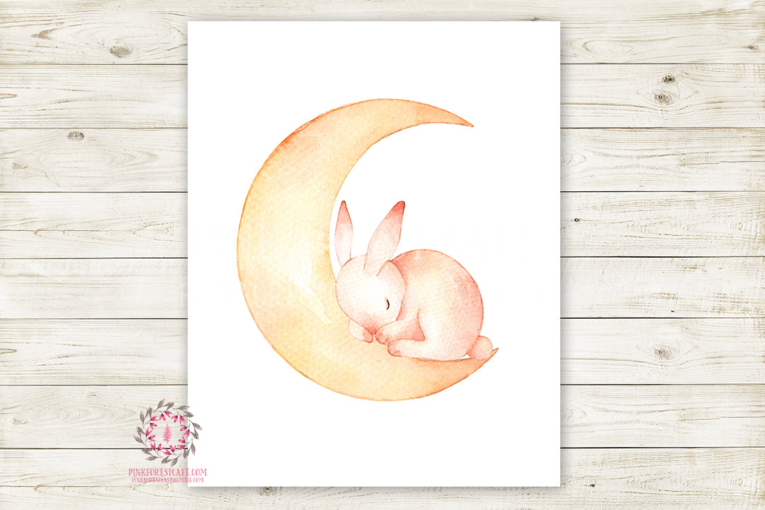 Bunny Rabbit Moon Boho Woodland Wall Art Print Baby Nursery Kids Room Watercolor Printable Decor