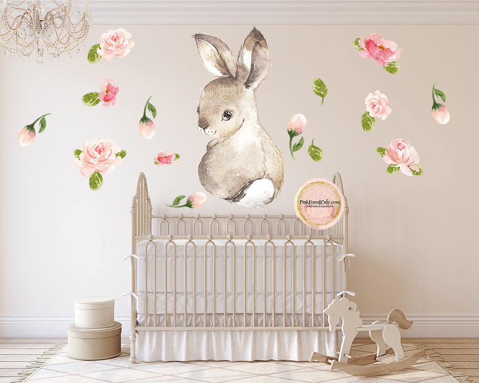 30" Bunny Rabbit Watercolor Wall Decal Sticker Wallpaper Decals Flowers Floral Baby Nursery Art Decor
