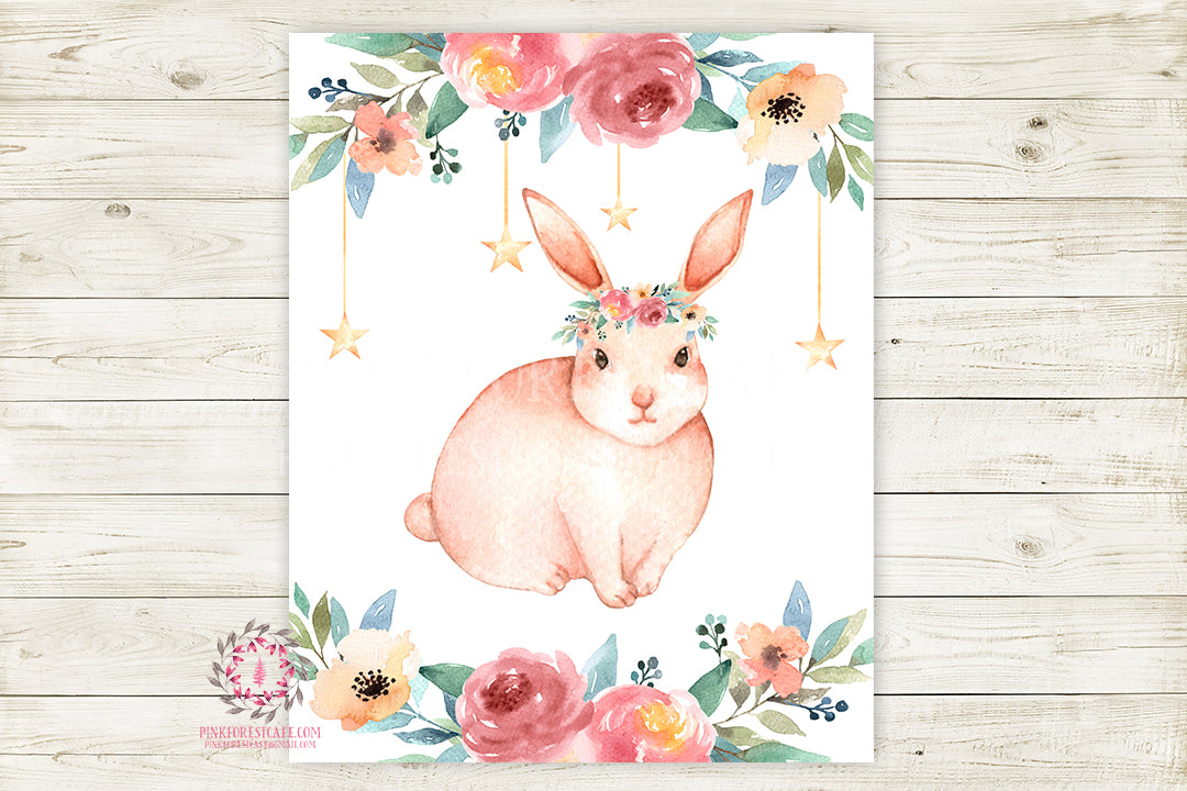 Bunny Rabbit Stars Boho Woodland Wall Art Print Baby Nursery Kids Room Floral Watercolor Printable Decor