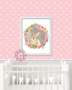 Bunny Rabbit Watercolor Illustration Floral Flower Wreath Baby Girl Woodland Printable Wall Art Nursery Home Decor Print