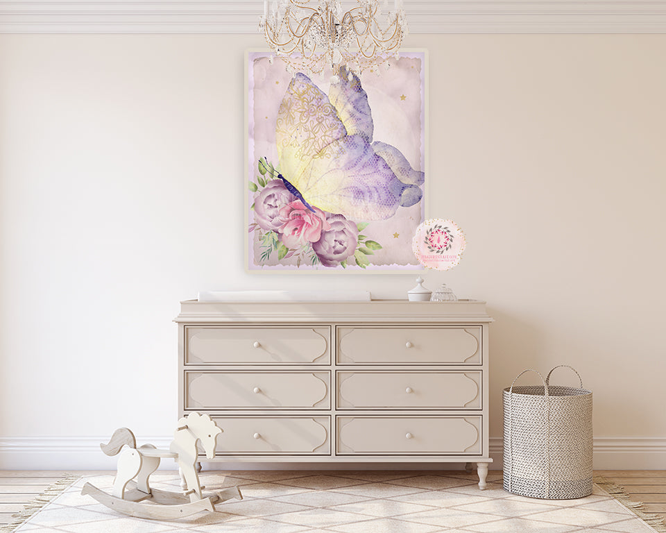 Ethereal Lace Butterfly Baby Nursery Wall Art Print Boho Shabby Chic Bohemian Purple Room Kids Bedroom Printable Decor