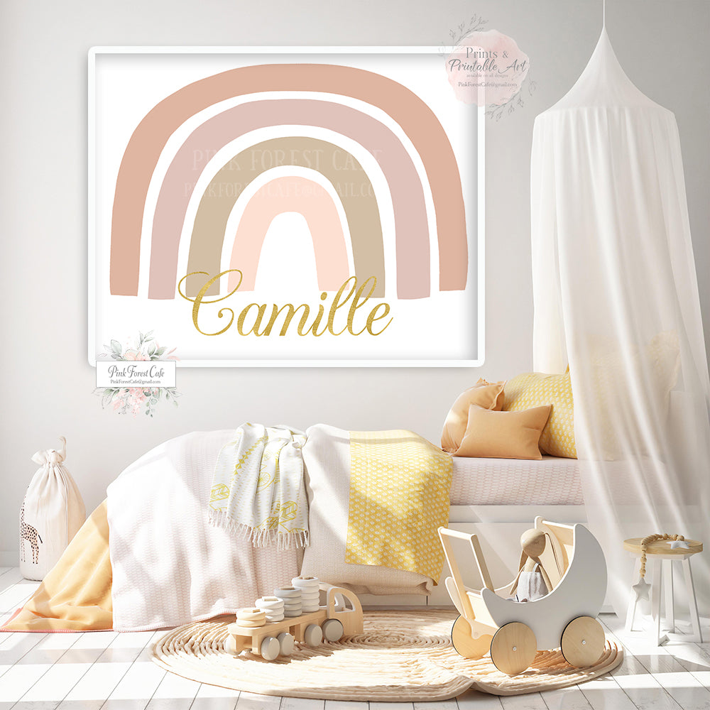 Rainbow Clay Pink Gold Wall Art Print Personalized Baby Girl Name Nursery Printable Decor