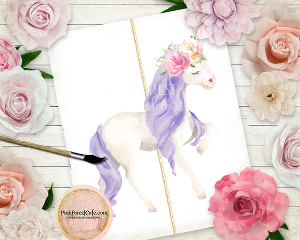 Boho Carousel Horse Wall Art Print Baby Girl Purple Nursery Ethereal Whimsical Merry Go Round Floral Printable Decor