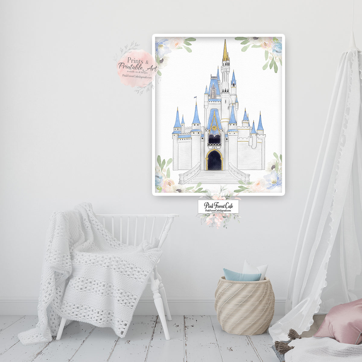 Fairy Castle Baby Girl Nursery Wall Art Print Ethereal Watercolor Printable Decor