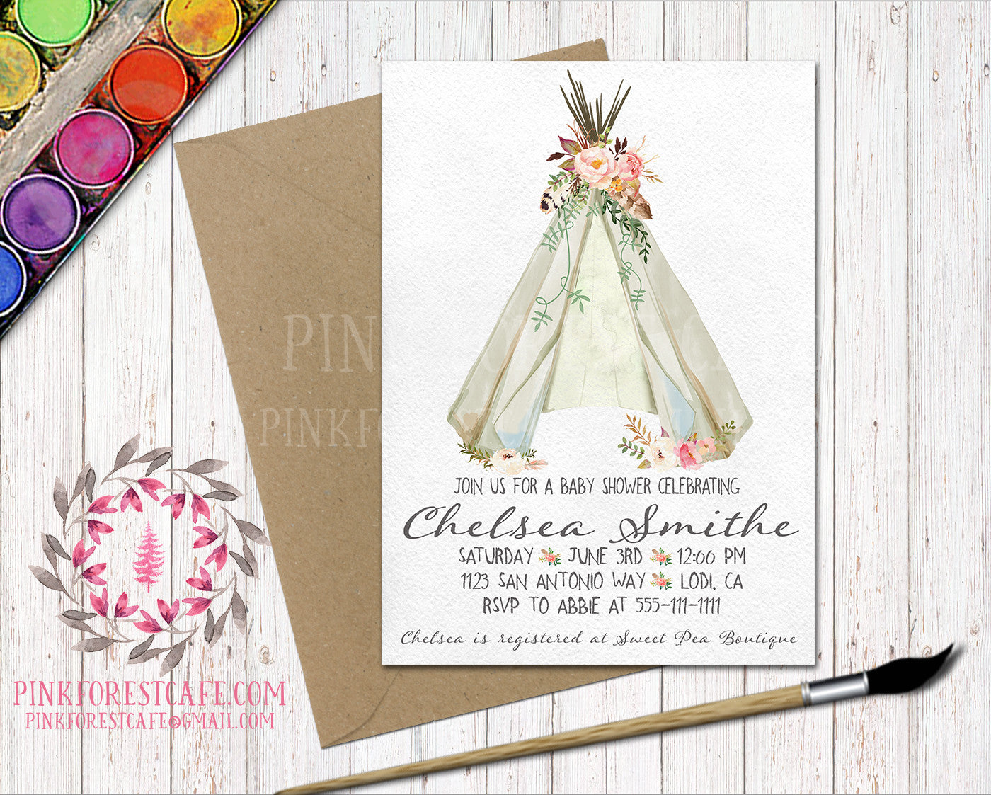 Boho Teepee Floral Watercolor Woodland Baby Bridal Shower Birthday Party Printable Invite Invitation
