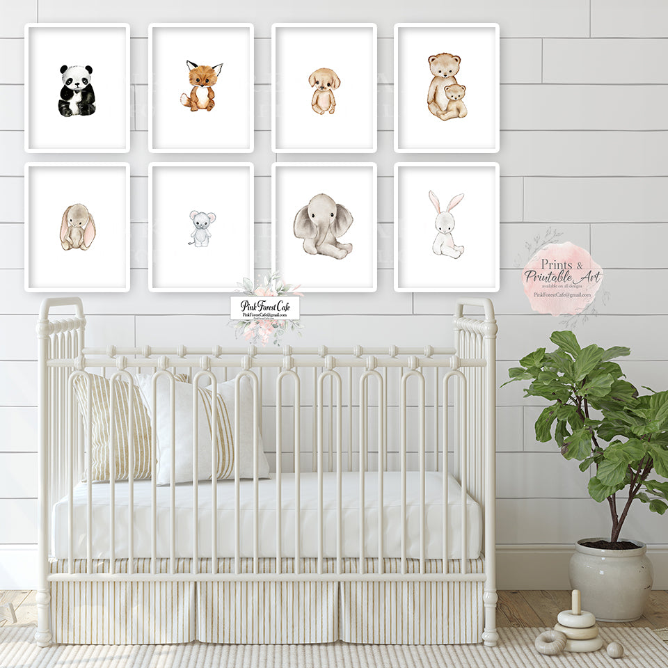 8 Animal Elephant Puppy Bunny Bear Wall Art Print Nursery Printable Décor