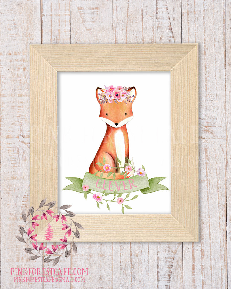 Fox Watercolor Floral Clever Flower Wreath Baby Girl Woodland Printable Wall Art Nursery Home Decor