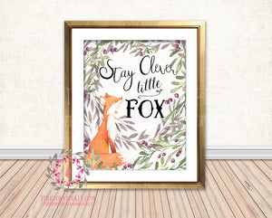 Stay Clever Little Fox Watercolor Woodland Printable Wall Art Nursery Home Decor Print