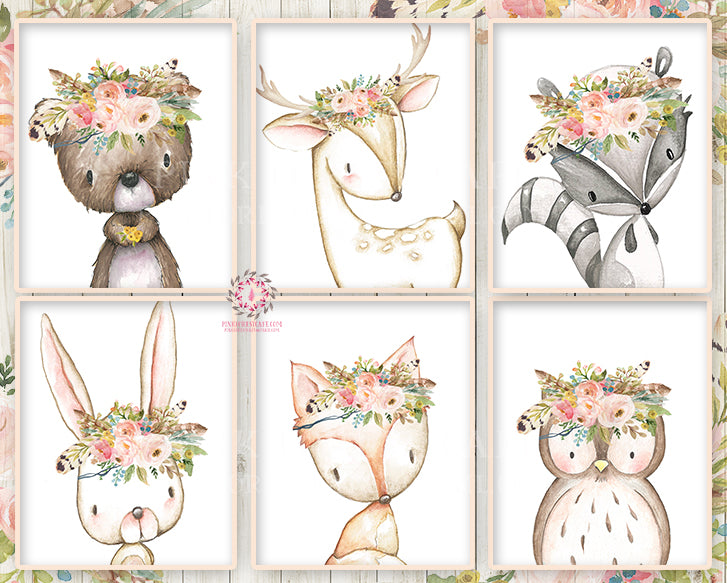 Boho Bunny Bear Deer Fox Nursery Wall Art Woodland Prints Bohemian Flo ...