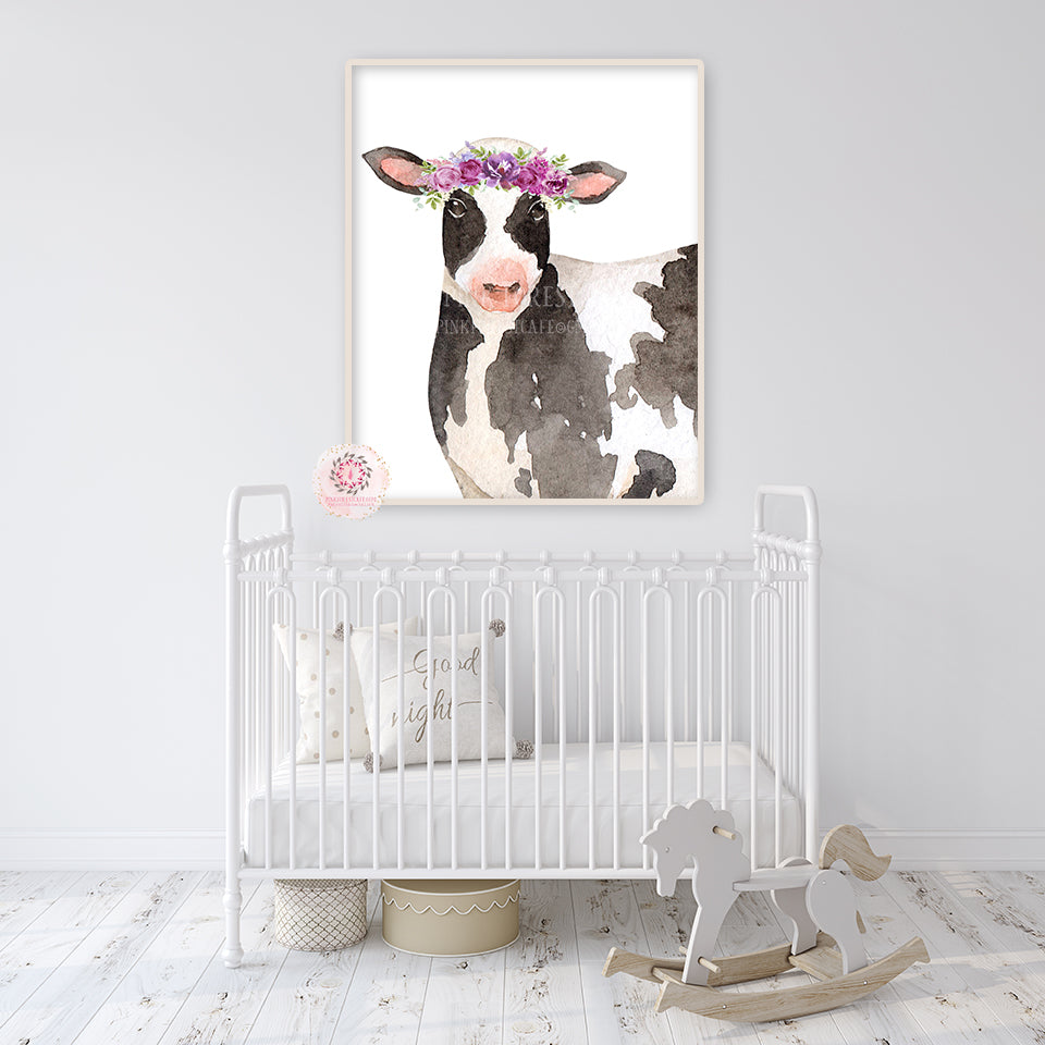 Boho Purple Cow Wall Art Print Farm Animal Nursery Baby Girl Room Watercolor Printable Farmhouse Decor