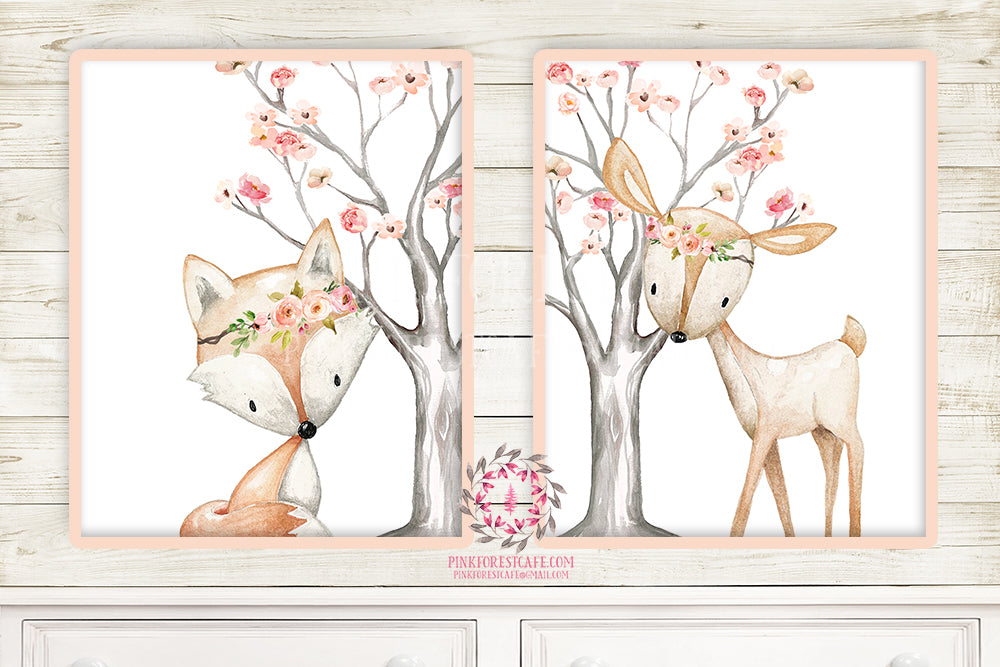 Deer Fox Nursery Woodland Boho Wall Art Prints Bohemian Floral Girls Baby Kids Room Bedroom Decor Print Set Of 2