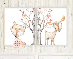 2 Deer Fox Printable Print Wall Art Woodland Boho Bohemian Floral Nursery Baby Girl Bedroom Set Lot Prints Decor
