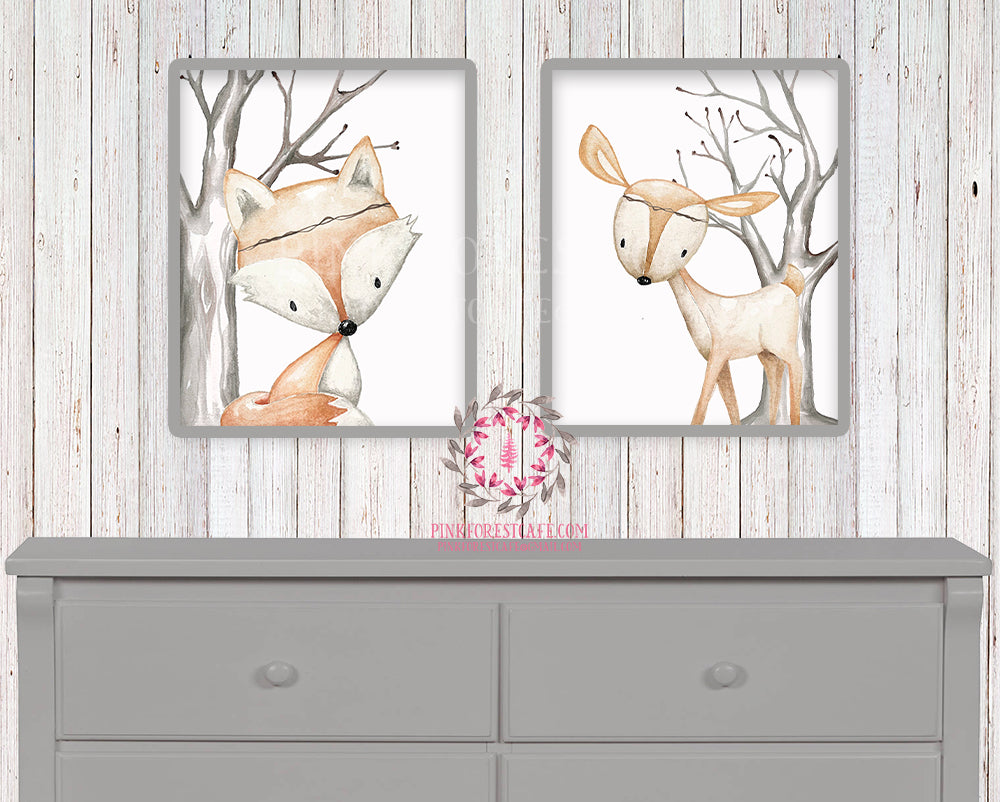 2 Deer Fox Printable Print Wall Art Woodland Boho Bohemian Nursery Baby Girl Boy Bedroom Set Prints Decor