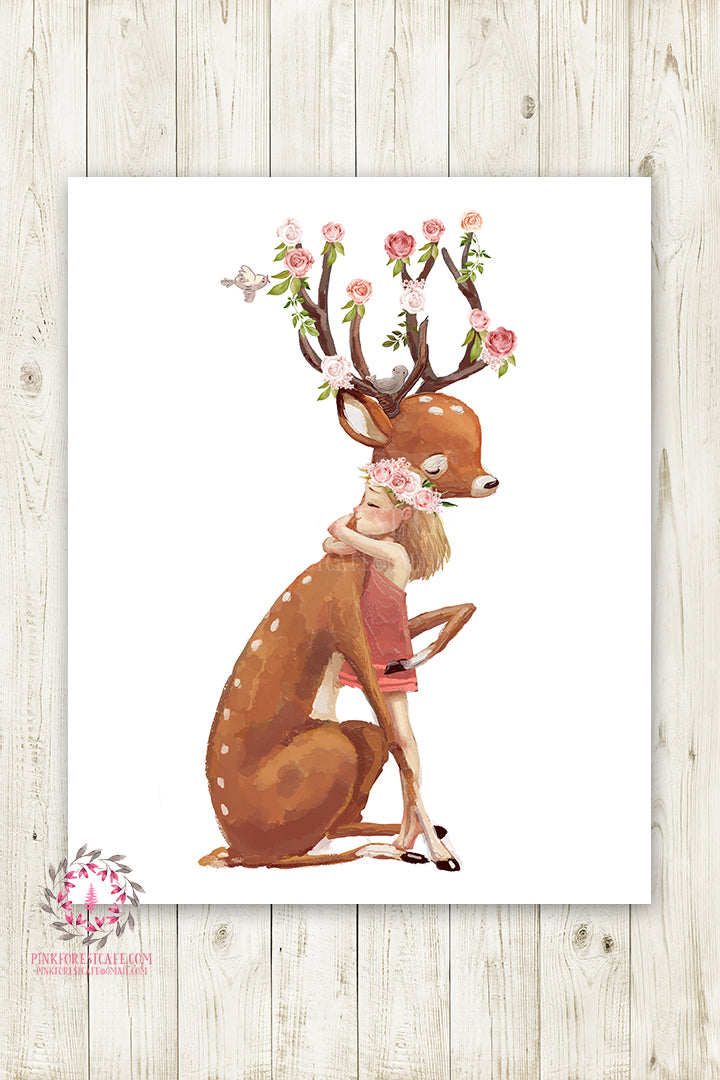 Boho Girl Woodland Deer Nursery Wall Art Print Baby Room Floral Rose Blush Pink Watercolor Printable Decor