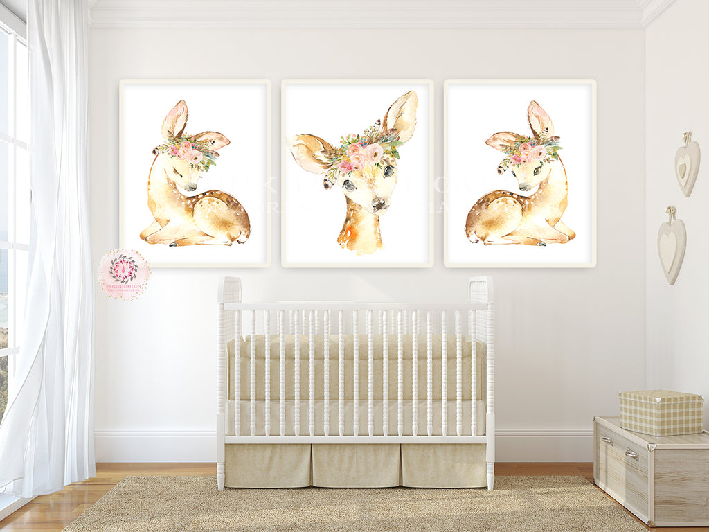3 Boho Deer Wall Art Print Woodland Feather Nursery Baby Girl Room Blu ...