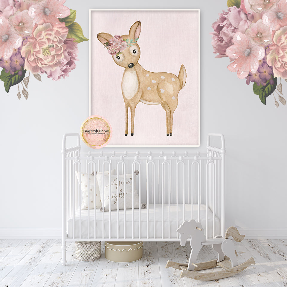 Boho Woodland Deer Wall Art Print Baby Girl Mauve Purple Ethereal Nursery Room Watercolor Printable Decor