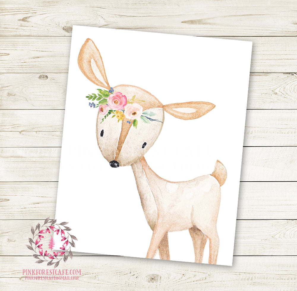 Boho Deer Doe Fawn Wall Art Print Floral Nursery Baby Girl Room Waterc ...