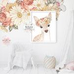 Boho Watercolor Deer Woodland Wall Art Print Nursery Baby Girl Printable Room Decor - Mustard Rust Vintage Floral