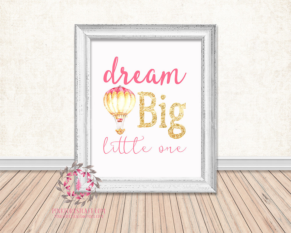 Dream Big Little One Pink Gold Hot Air Balloon Boho Baby Girl Boy Room Watercolor Printable Wall Art Nursery Home Decor