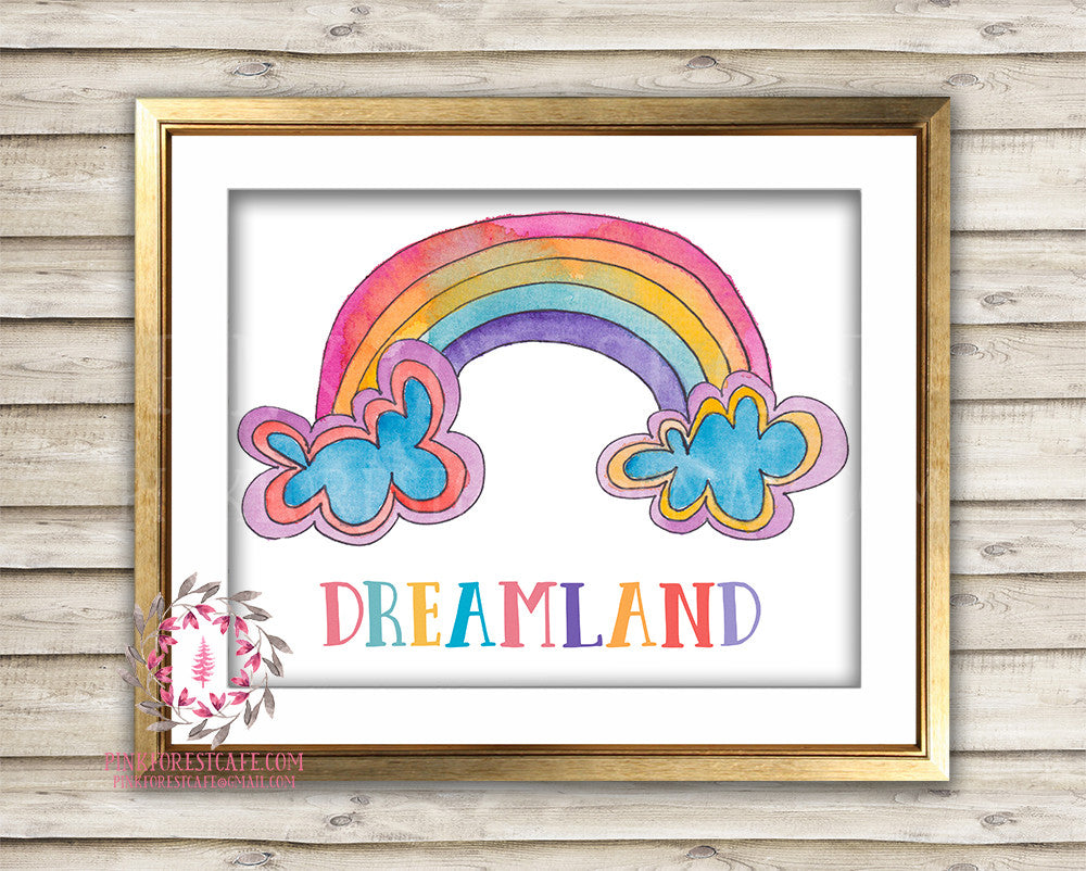 Dreamland Rainbow Clouds Watercolor Baby Girl Room Printable Wall Art Nursery Decor Print