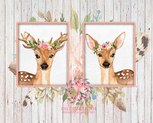 Set 2 Boho Bohemian Watercolor Deer Woodland Antlers Printable Wall Art Print Garden Floral Nursery Baby Girl Room Decor