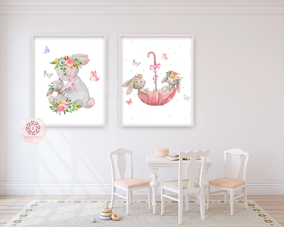 2 Umbrella Bunnies Boho Nursery Wall Art Print Baby Girl Room Watercolor Bunny Rabbit Printable Decor