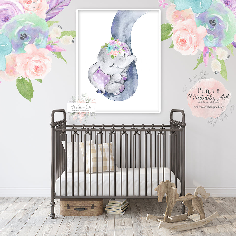 Purple Elephant Wall Art Print Nursery Baby Girl Room Feather Watercolor Printable Decor