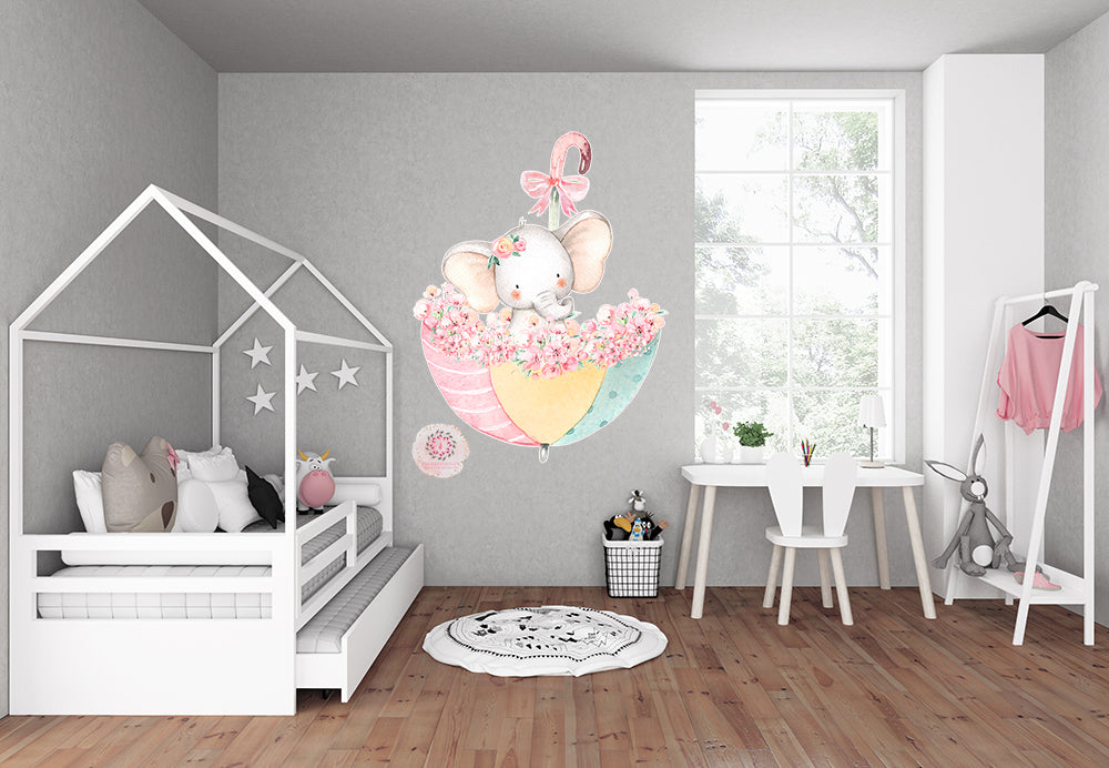 30" Umbrella Elephant Watercolor Wall Decal Sticker Wallpaper Decals Baby Nursery Art Decor