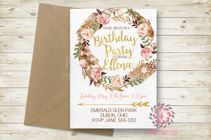 Boho Woodland Birthday Party Baby Bridal Shower Invites Invite Wedding Invitation Save The Date Announcement Invite Feathers Tribal Watercolor Floral Rustic Printable