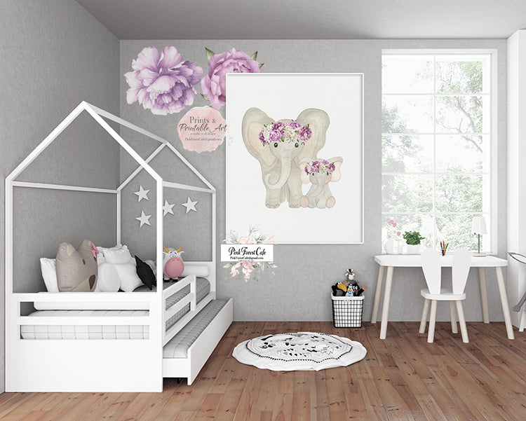 Elephant Purple Peony Zoo Wall Art Print Nursery Baby Girl Jungle Safari Watercolor Animal Printable Decor