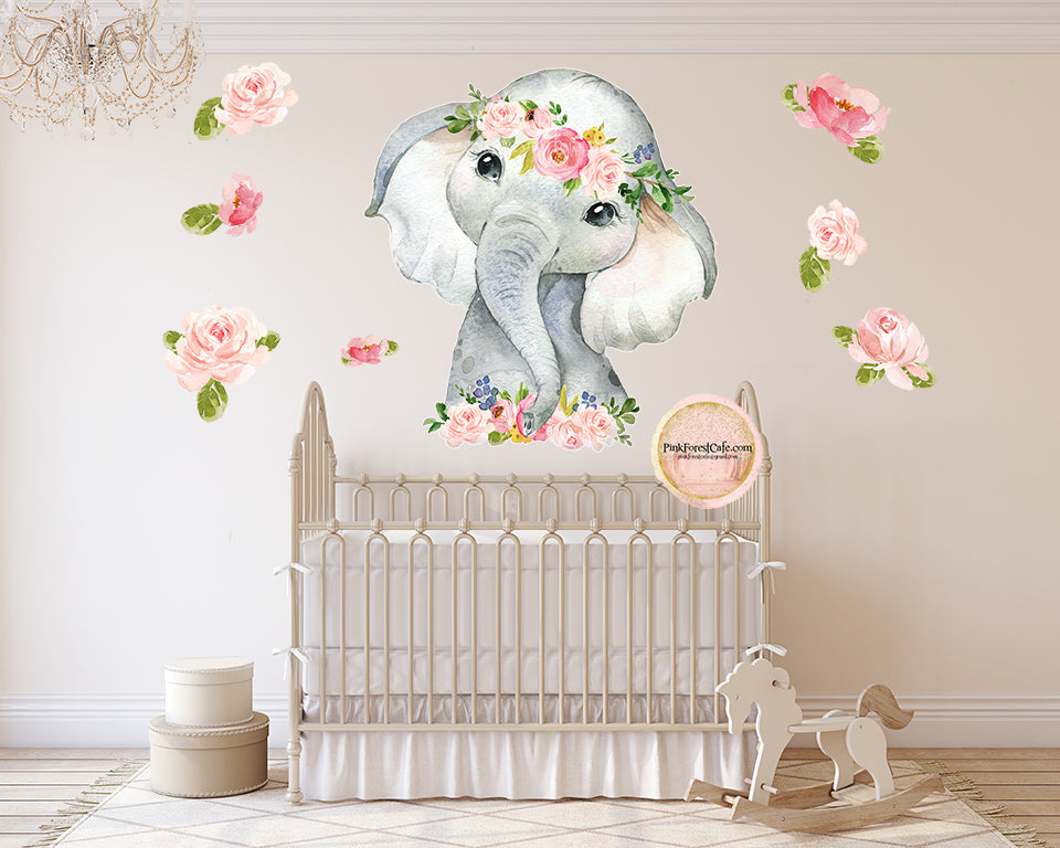 30" Elephant Watercolor Wall Decal Sticker Wallpaper Decals Flowers Floral Baby Nursery Art Decor