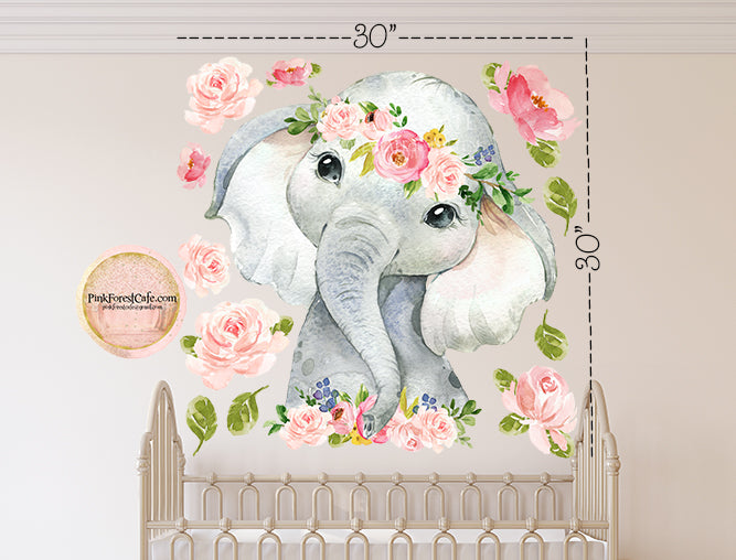 SALE 40" Elephant Watercolor Wall Decal Sticker Wallpaper Decals Flowers Floral Baby Nursery Art Decor