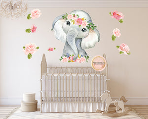 SALE 40" Elephant Watercolor Wall Decal Sticker Wallpaper Decals Flowers Floral Baby Nursery Art Decor