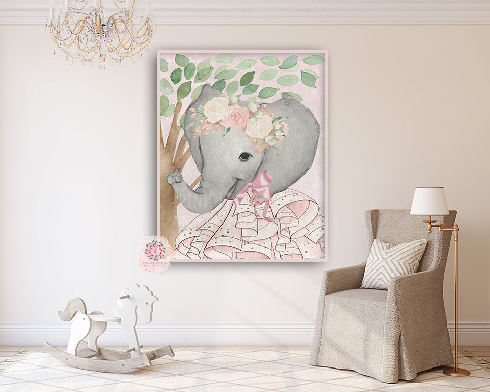 Elephant Party Dress Wall Art Print Baby Girl Nursery Pink Boho Whimsical Zoo Safari Animal Watercolor Printable Decor