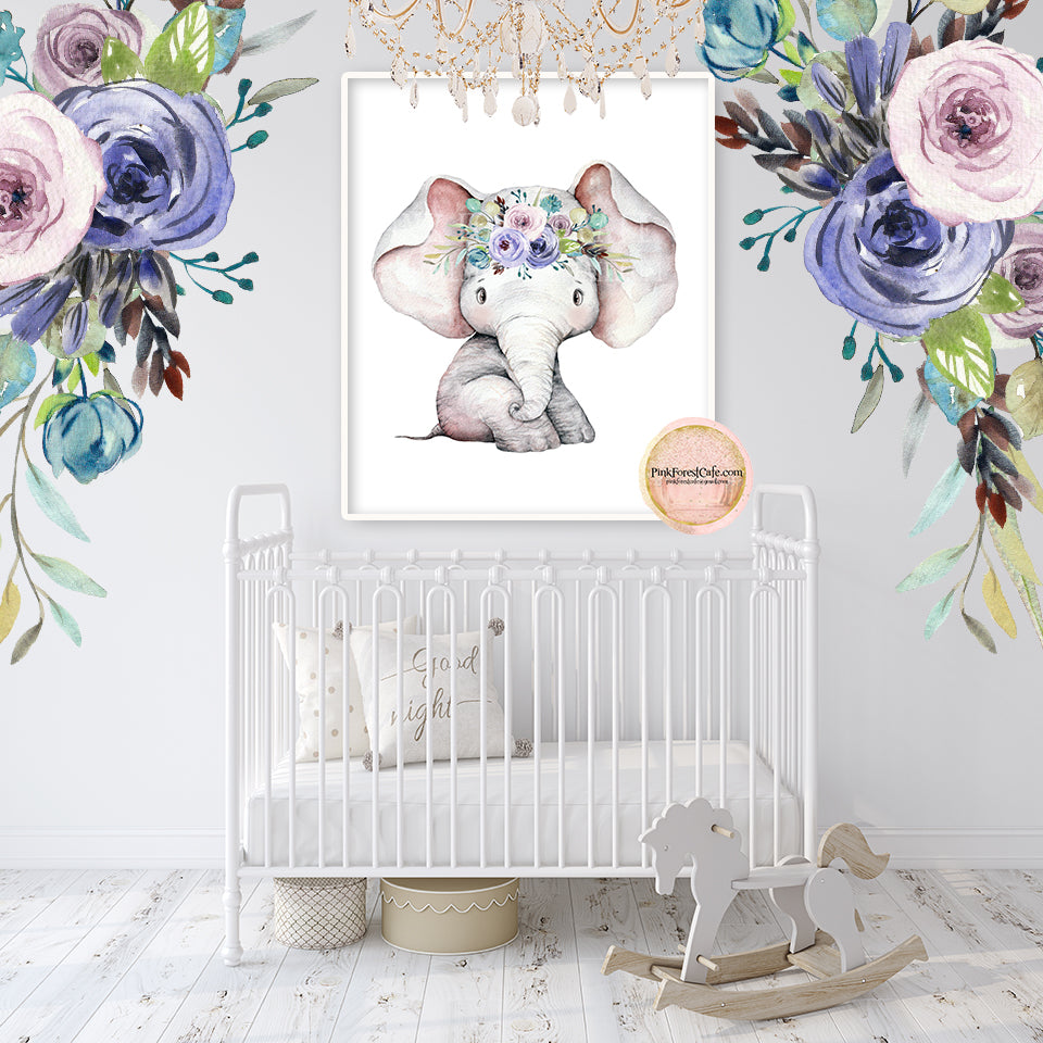 Boho Purple Elephant Wall Art Print Nursery Baby Girl Room Floral Bohemian Watercolor Printable Decor
