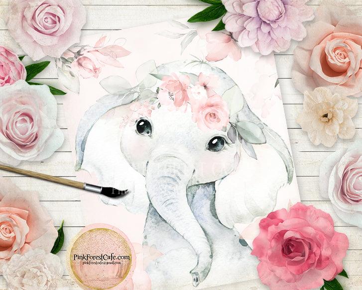 Boho Blush Peony Elephant Wall Art Print Baby Girl Nursery Room Floral Bohemian Watercolor Printable Decor