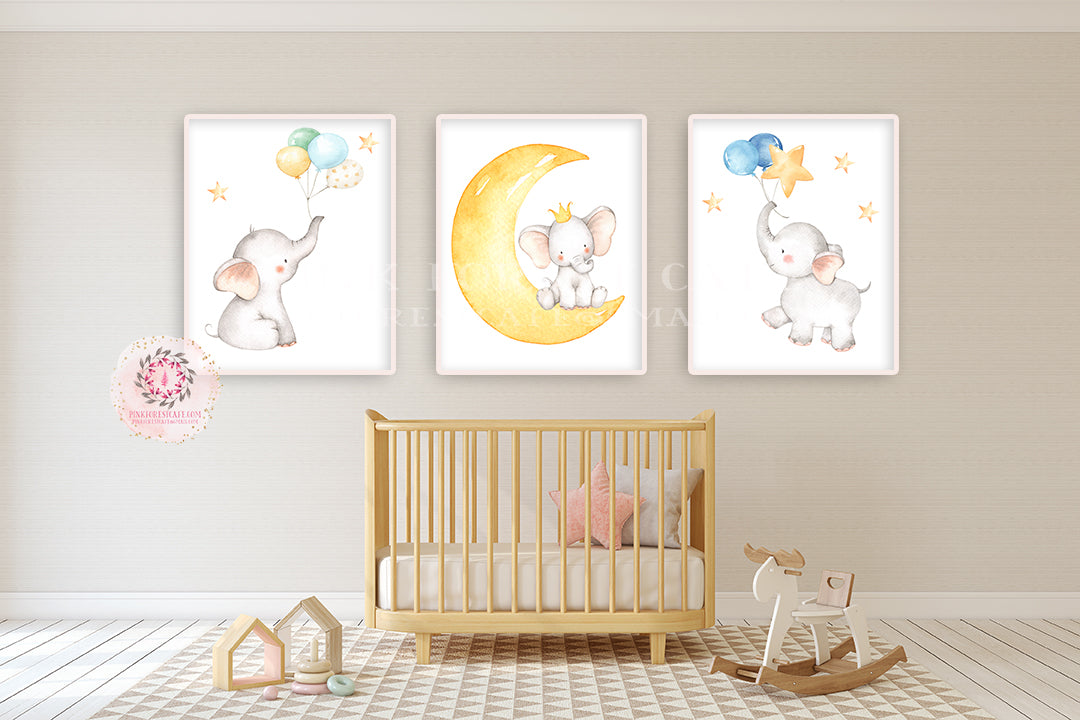 Boho Elephant Wall Art Print Baby Boy Nursery Moon Stars Balloons Whimsical Zoo Safari Animal Watercolor Printable Decor
