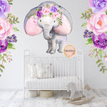 Purple Elephant Peonies Watercolor Wall Decal Sticker Baby Girl Nursery Art Decor