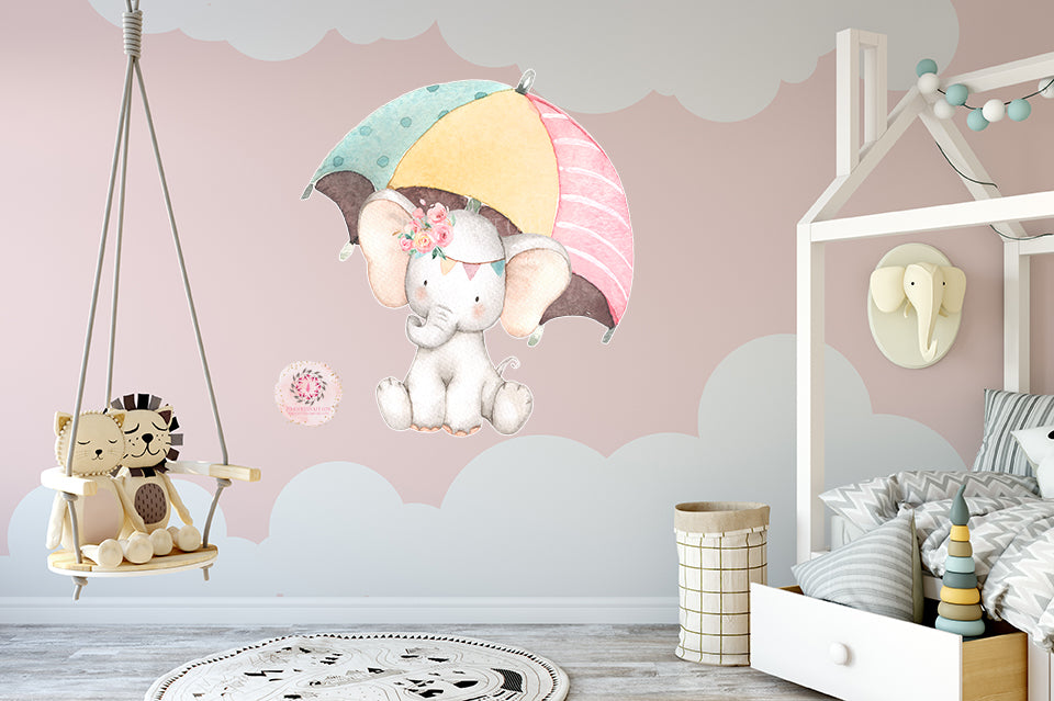 Umbrella Elephant Watercolor Wall Decal Sticker Wallpaper Decals Baby Nursery Art Decor