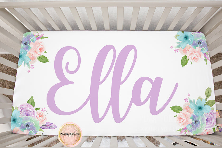ELLA Purple Boho Feather Peony Baby Crib Sheet Girl Nursery Bedding Peonies Watercolor