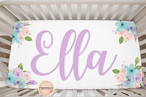 ELLA Purple Boho Feather Peony Baby Crib Sheet Girl Nursery Bedding Peonies Watercolor
