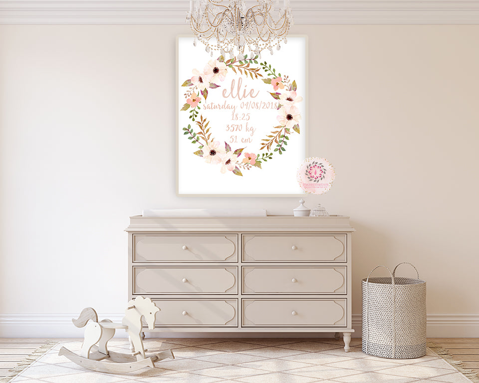 Baby Name Personalized Wall Art Print Birth Stats Announcement Gift Watercolor Woodland Anemone Floral Rustic Baby Nursery Printable Decor