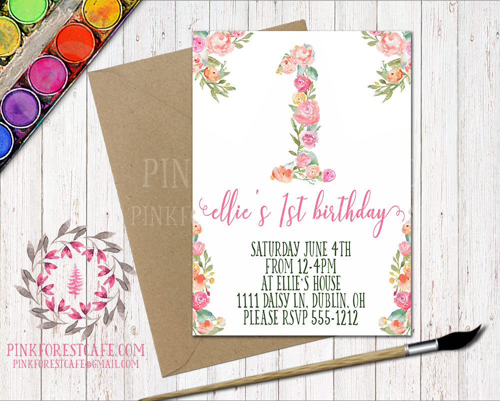 Baby Girl 1st 2nd 3rd 4th 5th Watercolor Boho Floral Birthday Party Printable Invite Invitation
