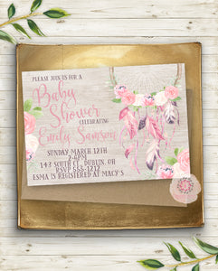 Pink Feather Dreamcatcher Invite Invitation Tribal Theme Baby Bridal Shower Wedding Birthday Party Watercolor Printable